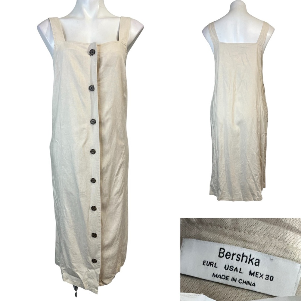 Bershka‎ midi dress sz L Beige Sleeveless Button-Front casual fall boho